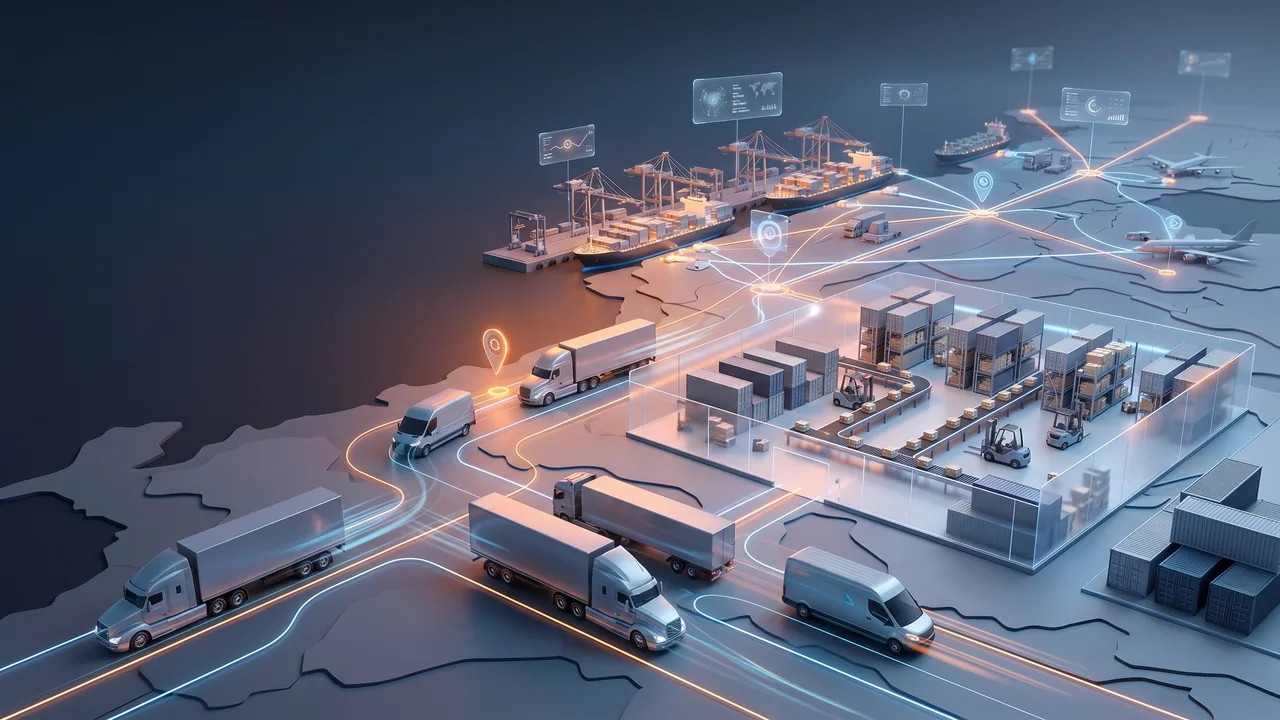 Conceptual illustration of a connected logistics ecosystem linking shippers, fleets, warehouses, and routes