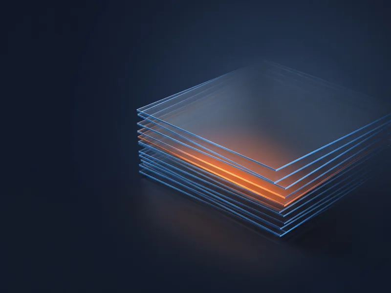 Stacked translucent glass sheets receding into darkness, one lit warm amber