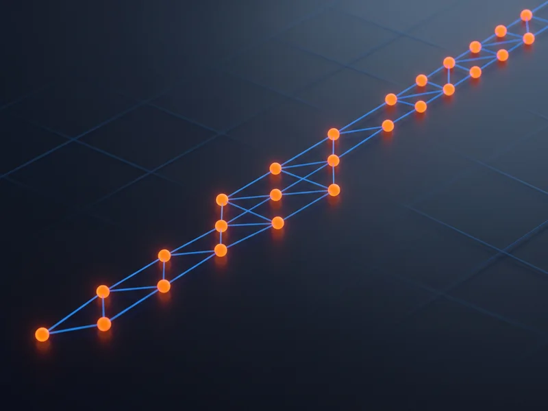 A measured path of small amber nodes linked by taut cyan lines over a dark field