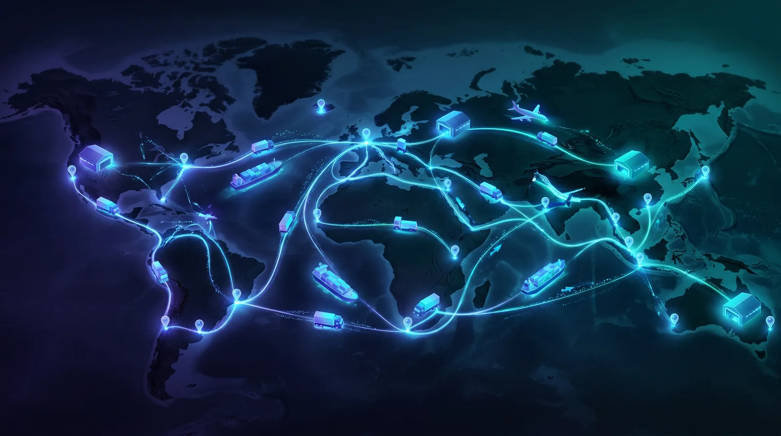 A conceptual logistics network of cargo trucks, warehouses, and shipping lanes connected by glowing routes across a map