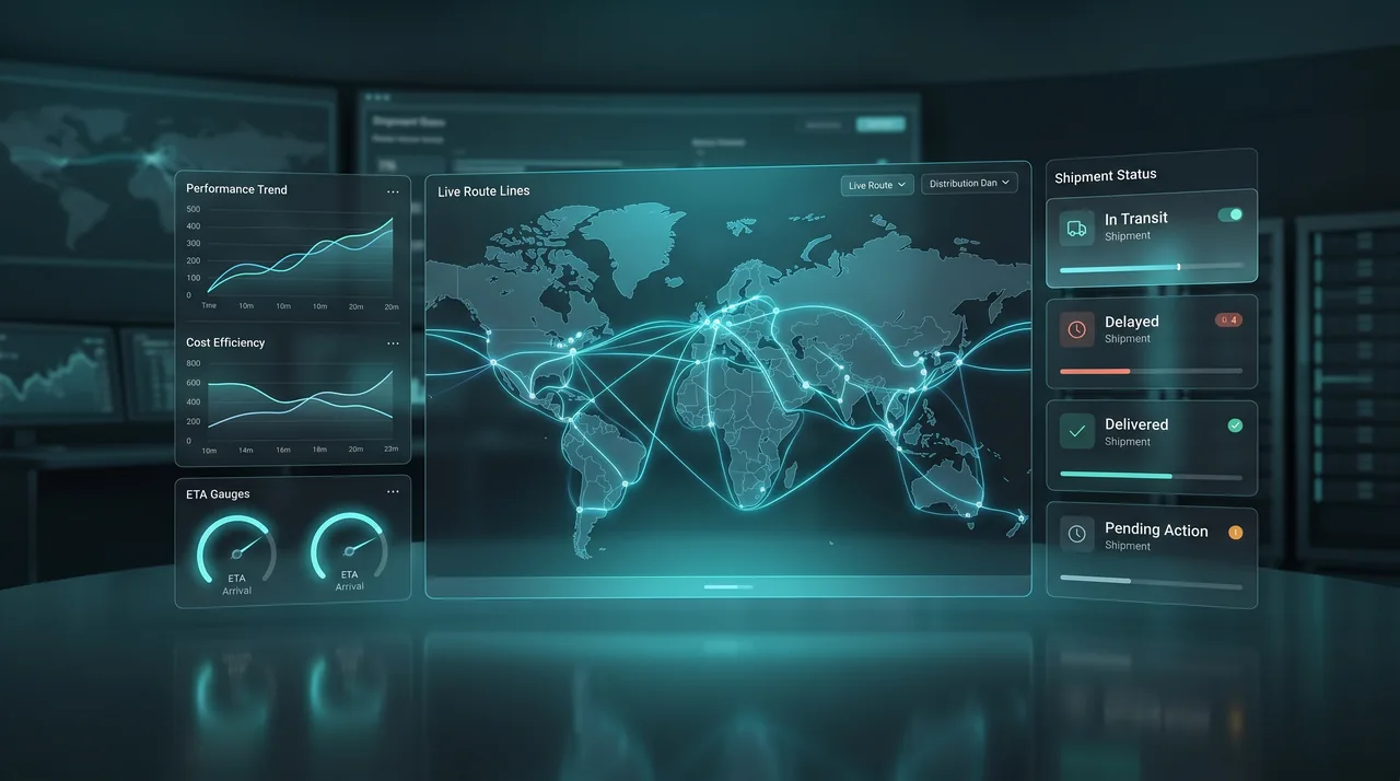Conceptual supply chain visibility dashboard with optimized routes and performance charts