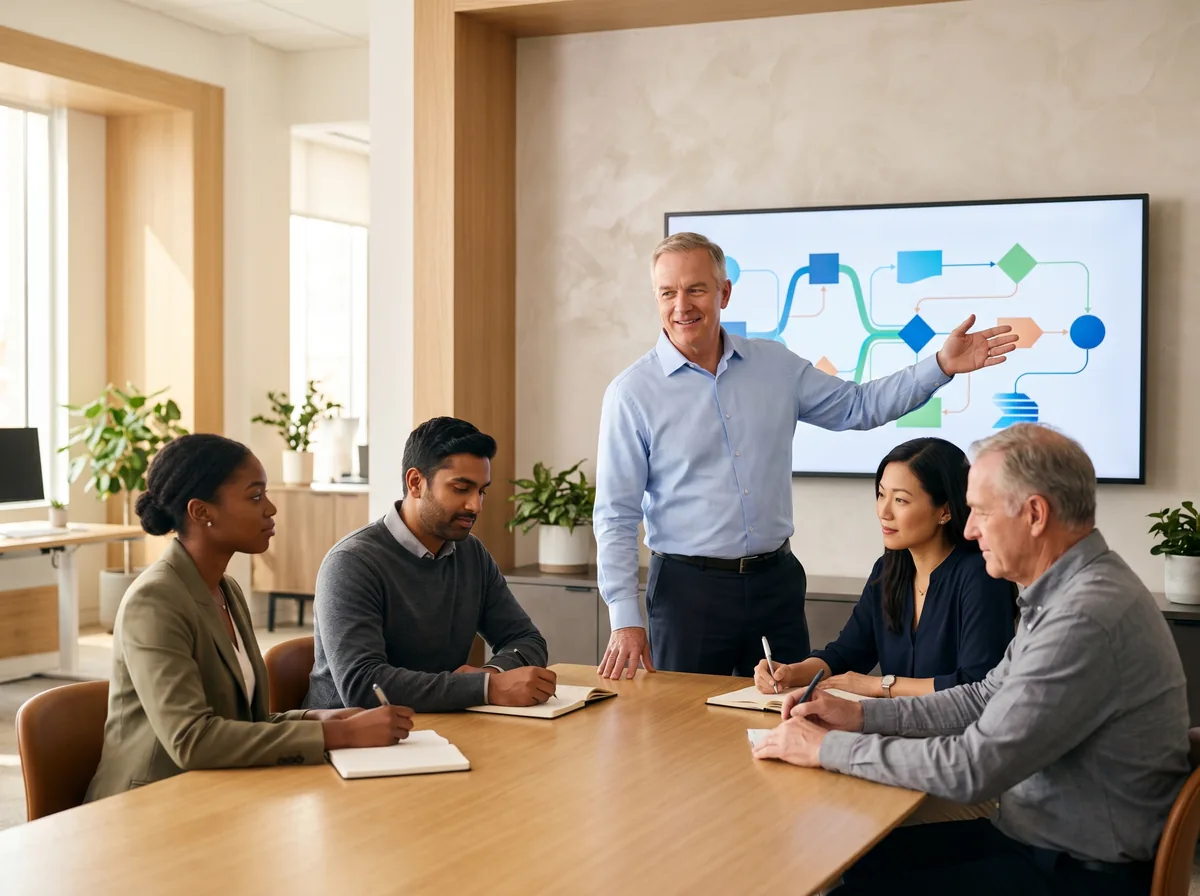 A senior logistics-platform expert mentoring a small group in a bright modern training room