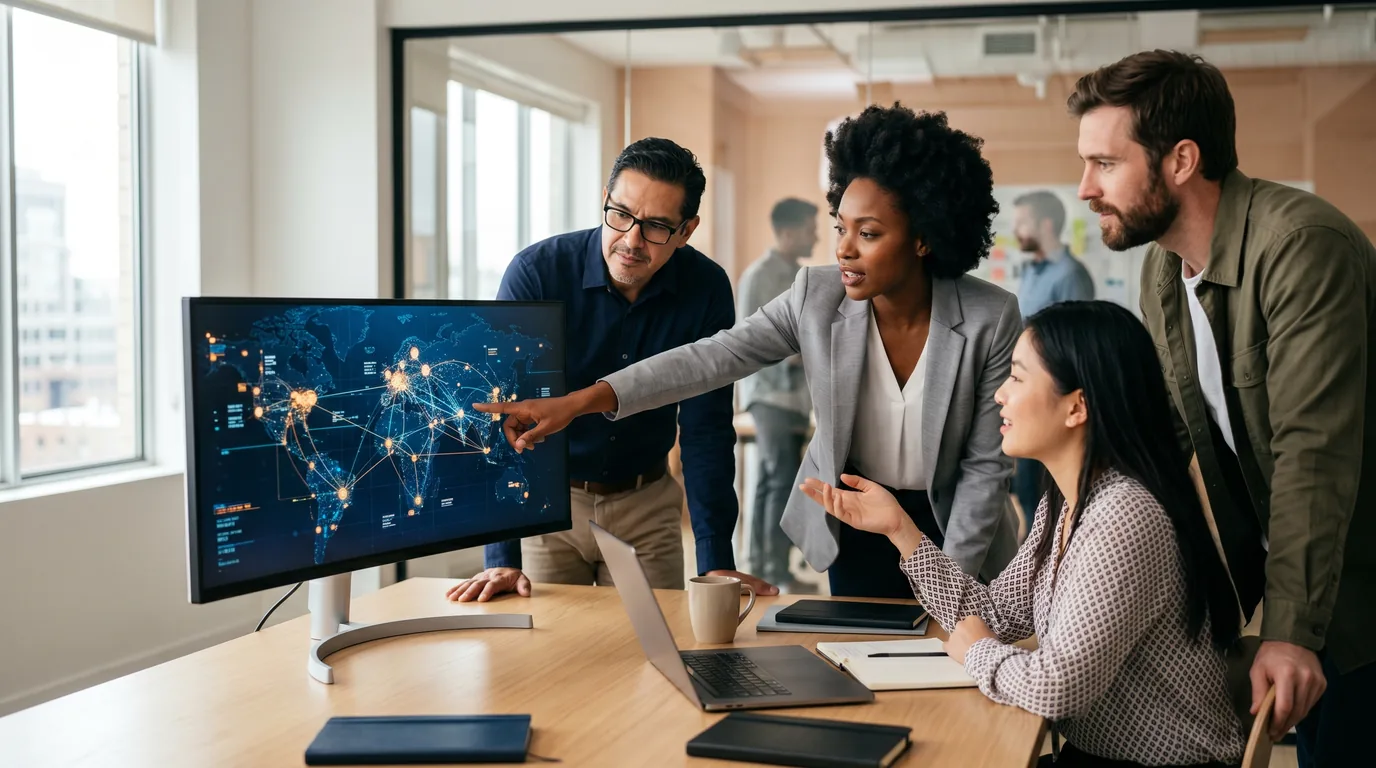 A team of logistics consultants and engineers collaborating around a large monitor showing an abstract supply-chain network map
