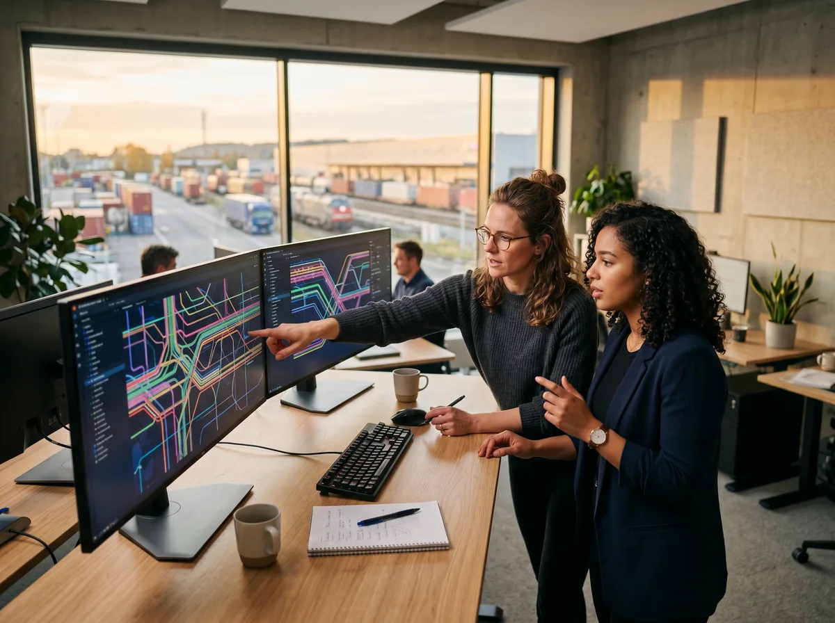 Two logistics-software engineers pair-working at a standing desk, building an integration on dual monitors