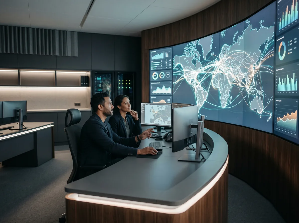 Two operations engineers calmly monitoring large wall screens of abstract shipment maps and charts in a network operations center
