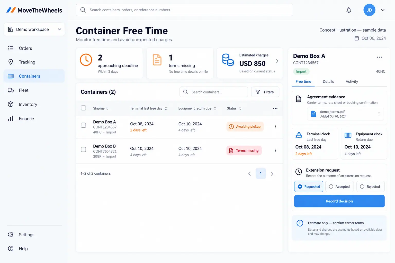 Concept illustration of container free-time workbench with sample operational records and review panels
