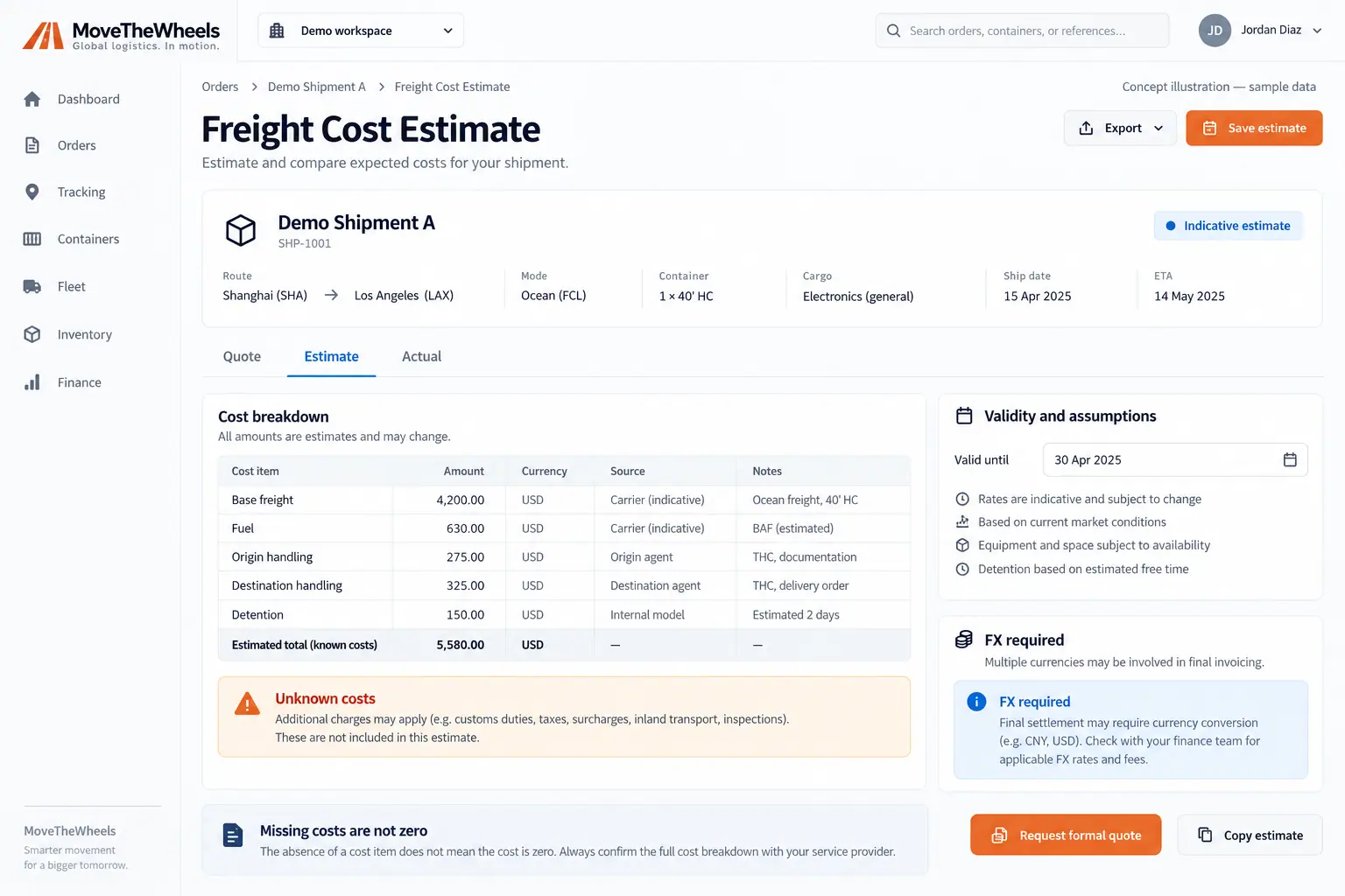 Concept illustration of freight cost estimate review with sample operational records and review panels