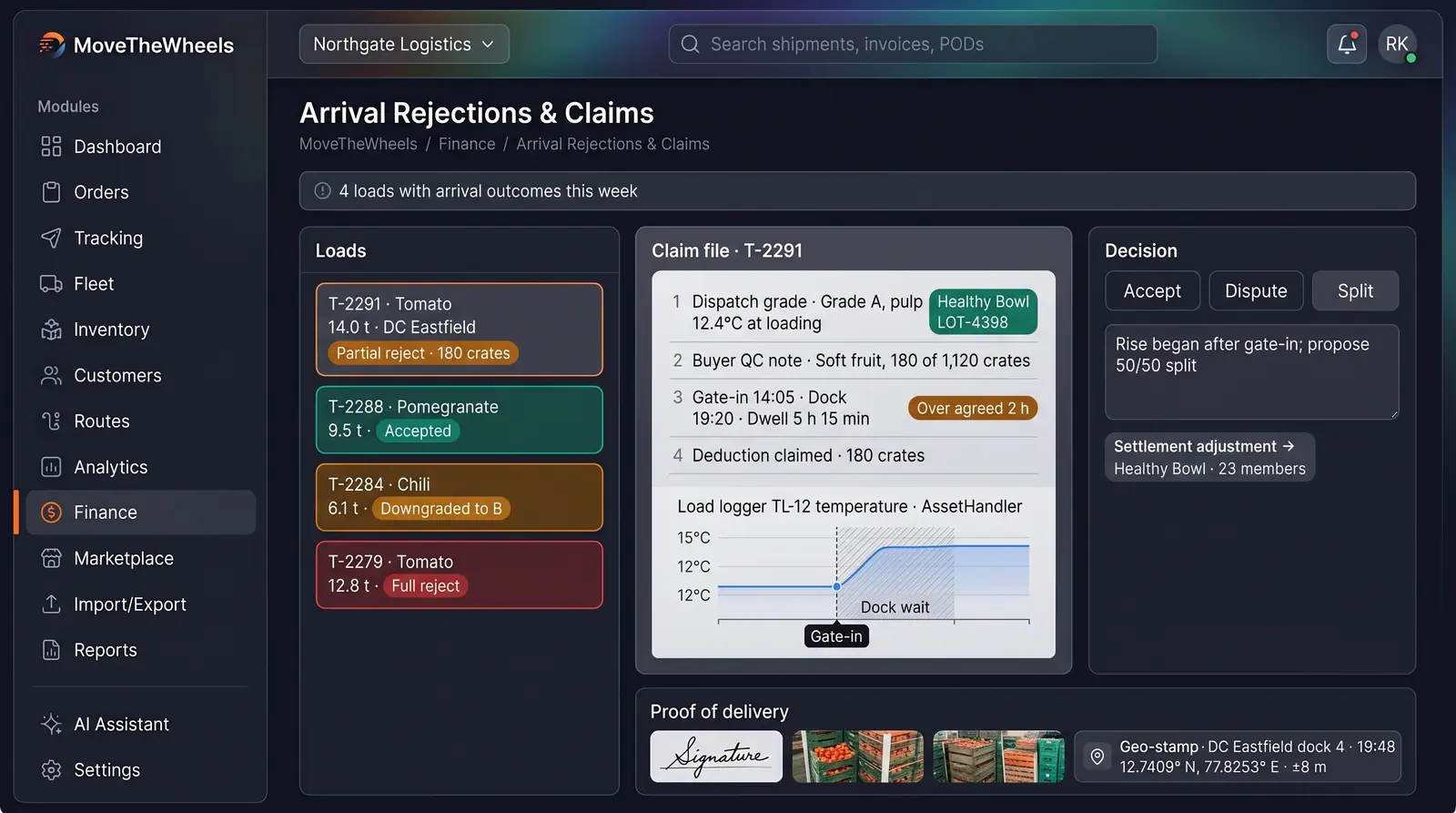 Concept illustration of a produce claims desk with load outcome cards, a numbered claim file, a temperature chart and delivery proof