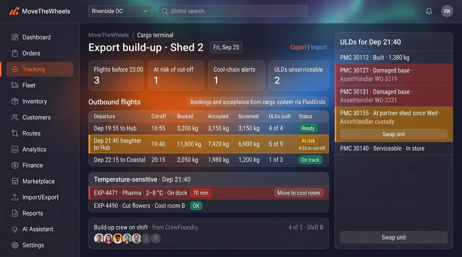 Concept illustration of an air cargo export board with cut-off tiles, an outbound flights table, a cool-chain panel and a ULD panel