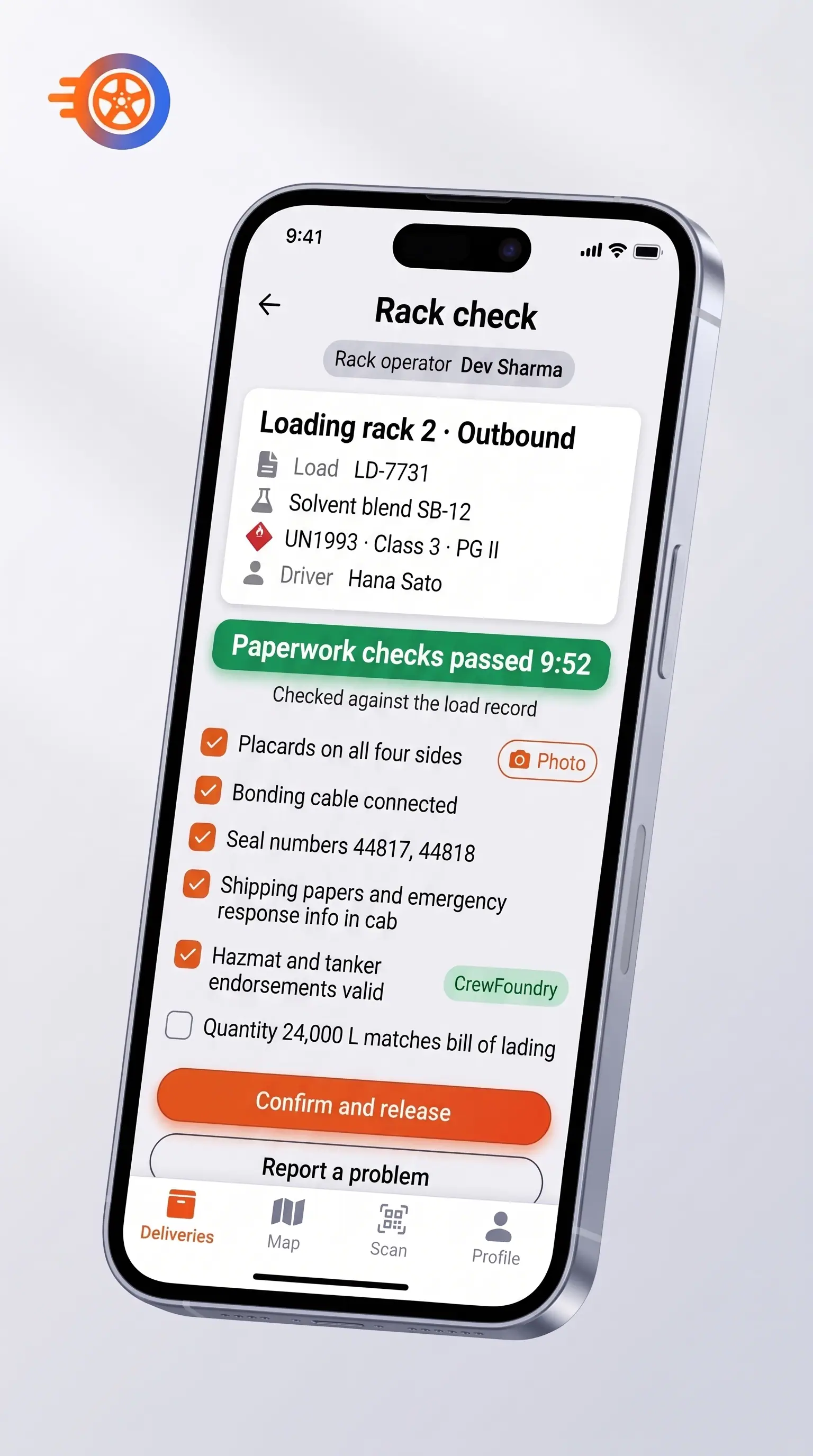 Concept illustration of a phone rack check for a tank truck load with a paperwork-passed banner, a checklist and a Confirm and release button