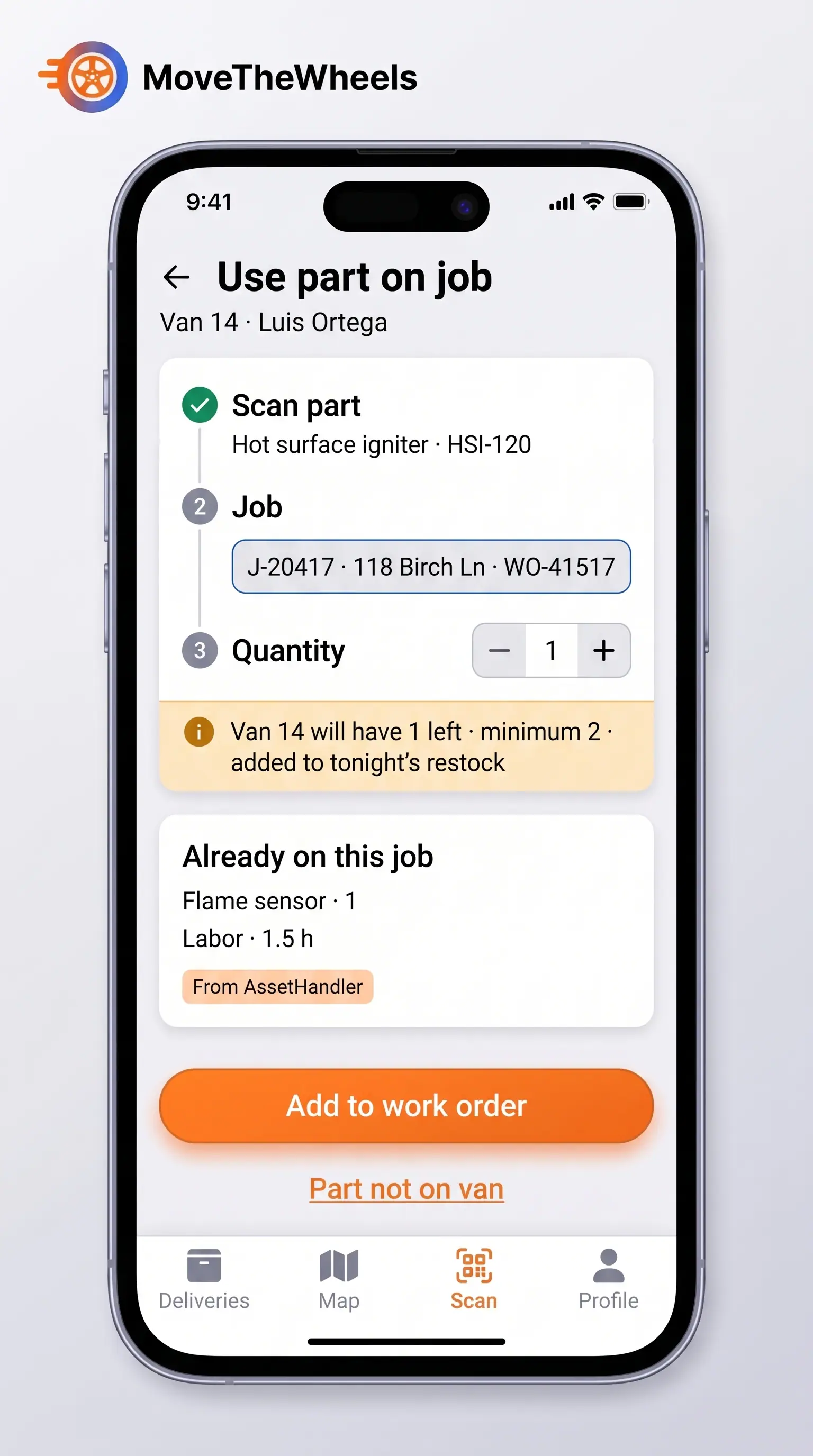 Concept illustration of a phone screen for using a van part on a job, with scan, job and quantity steps and an Add to work order button