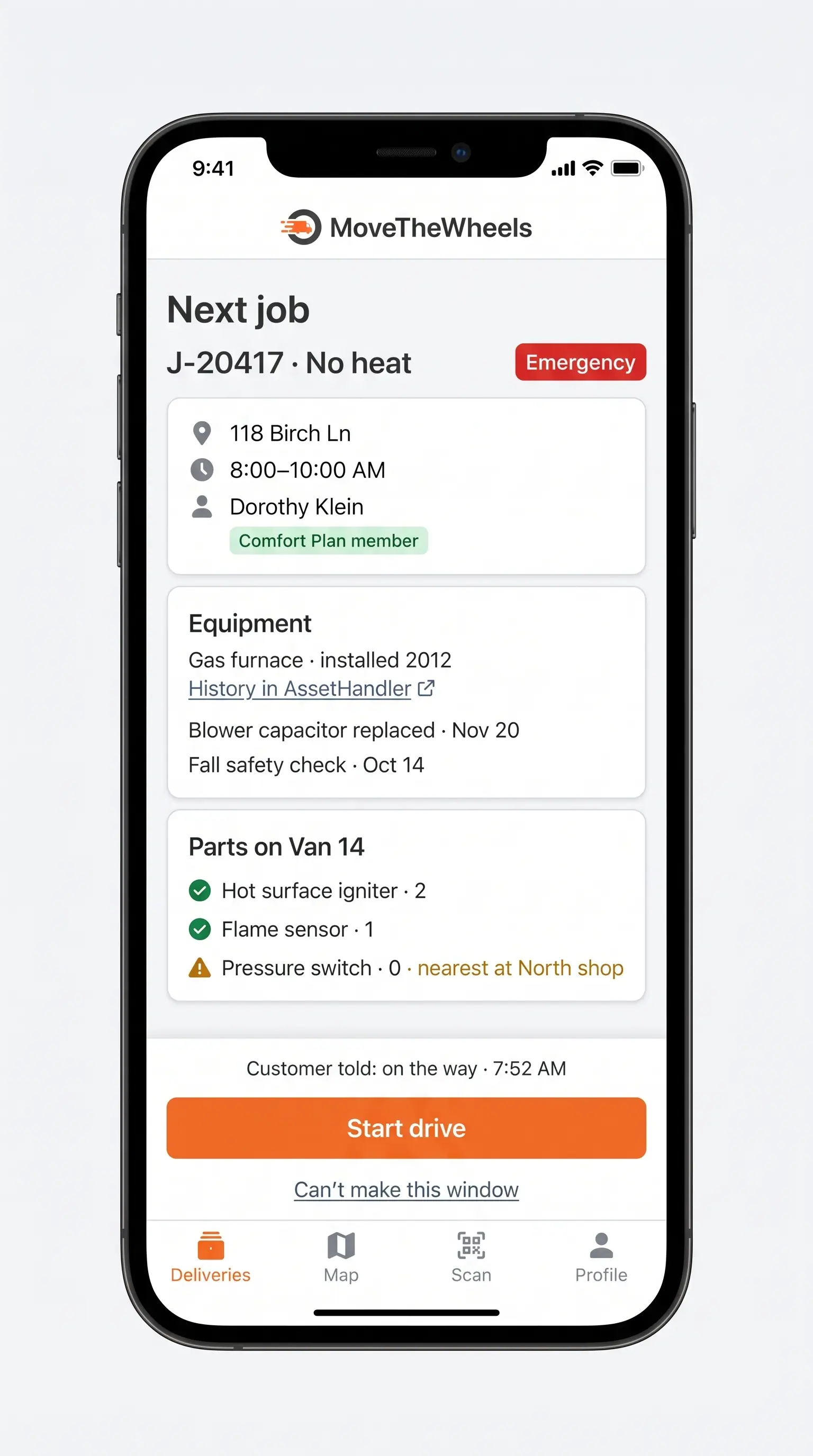 Concept illustration of a technician phone screen with the next emergency job, equipment history, parts on the van and a Start drive button
