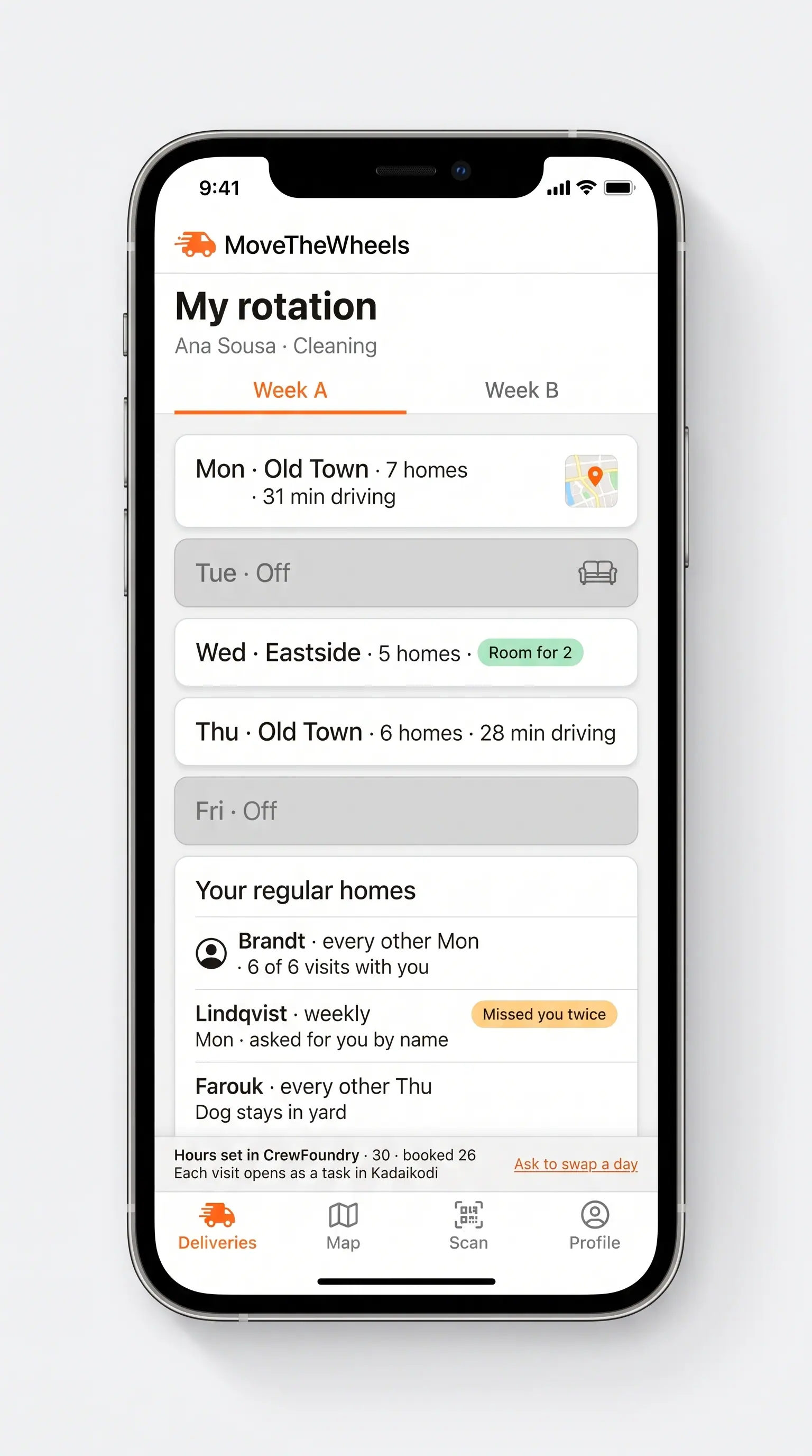 Concept illustration of a phone screen with a cleaner's Week A rotation by zone and a list of regular homes