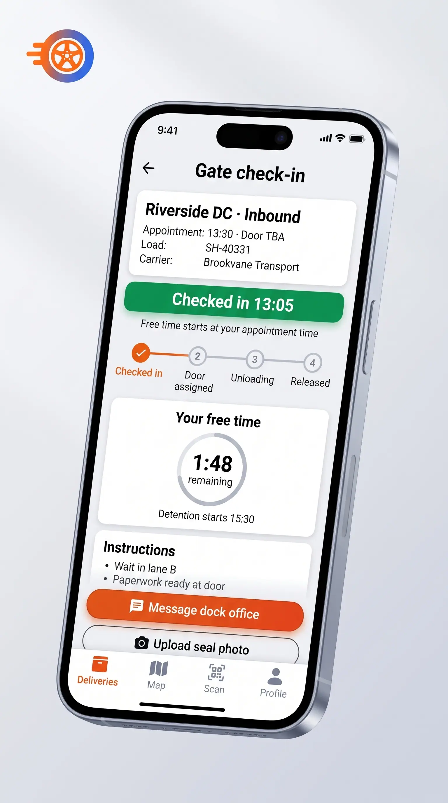 Concept illustration of a driver phone screen for gate check-in with appointment details, a progress tracker and a free-time countdown