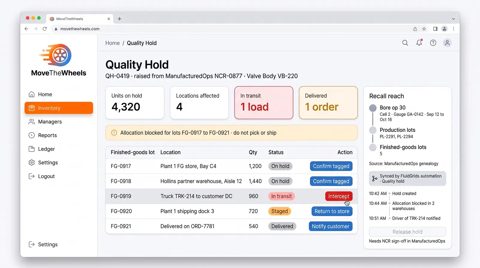 Concept illustration of a quality hold board with hold tiles, a blocked allocation banner, a finished-goods lot table and a recall reach panel
