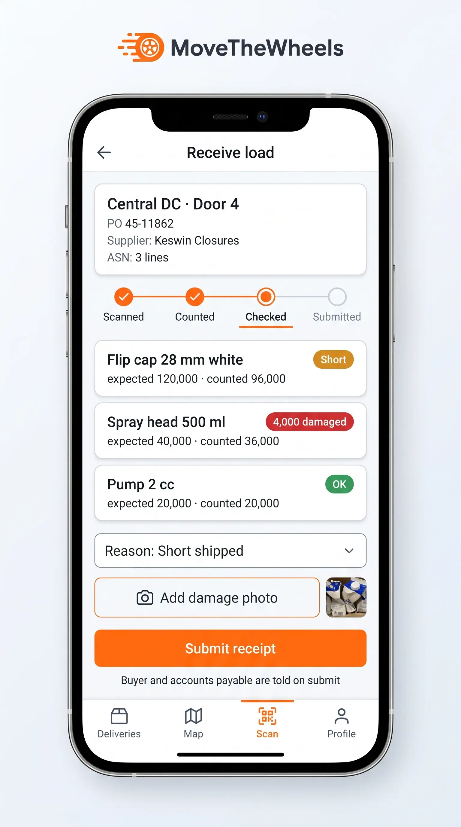 Concept illustration of a phone receiving flow with a load card, a progress stepper, line counts with badges and a Submit receipt button