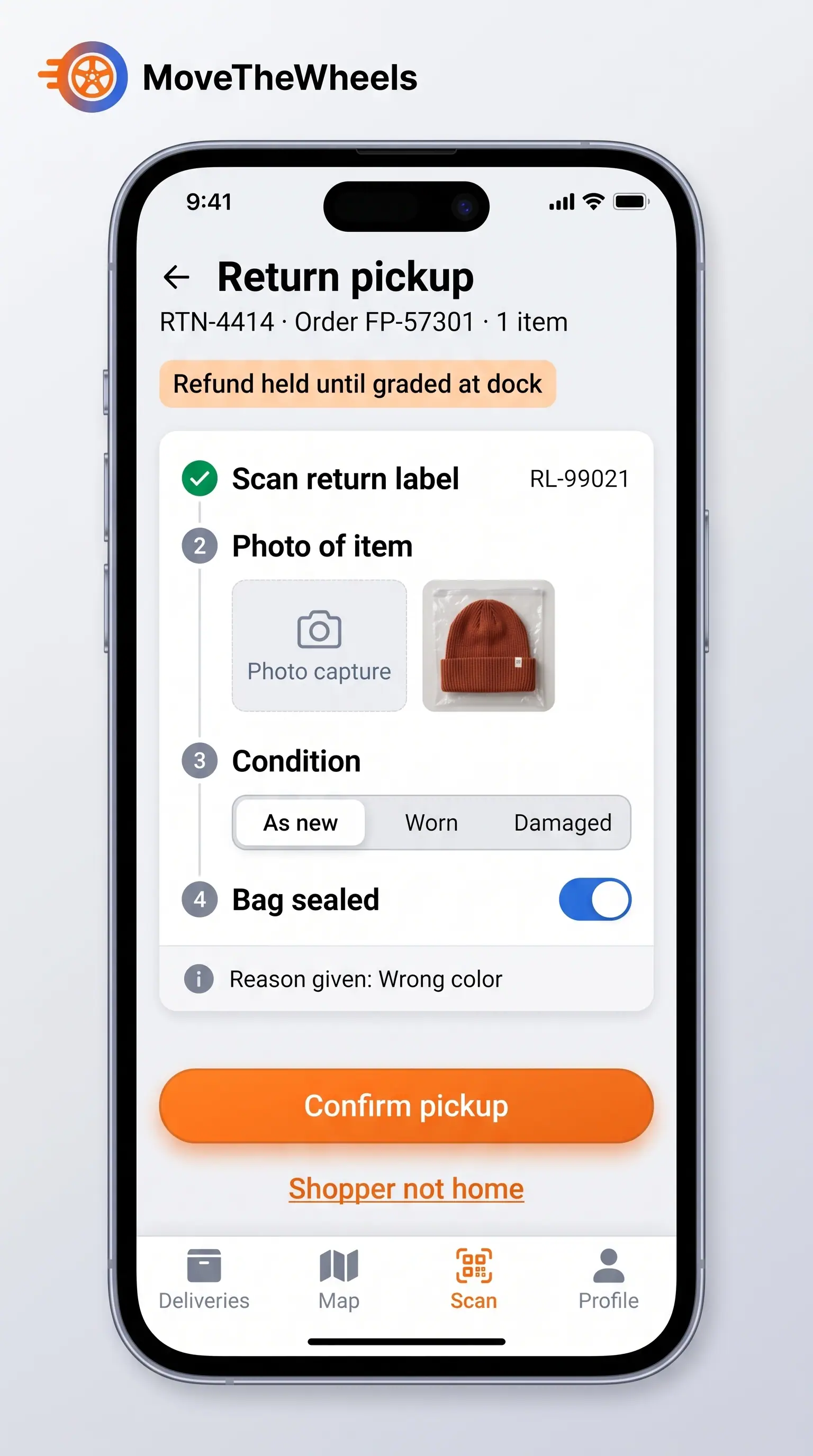 Concept illustration of a driver phone screen for a return pickup with label scan, item photo, condition choice and a sealed-bag toggle