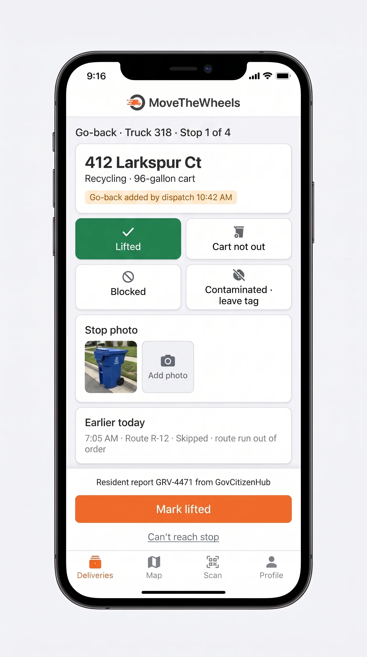 Concept illustration of a driver phone screen for a go-back stop with outcome buttons, a stop photo and the resident's report