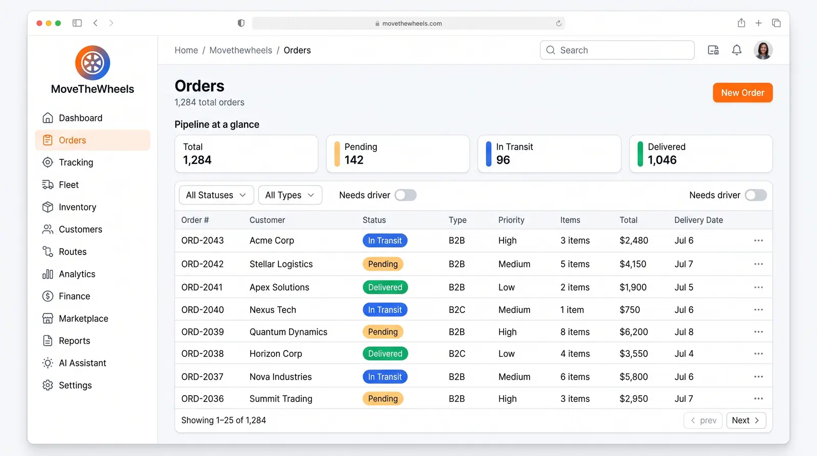 Concept illustration of an orders page with pipeline count tiles, status and type filters and a table of orders with status badges