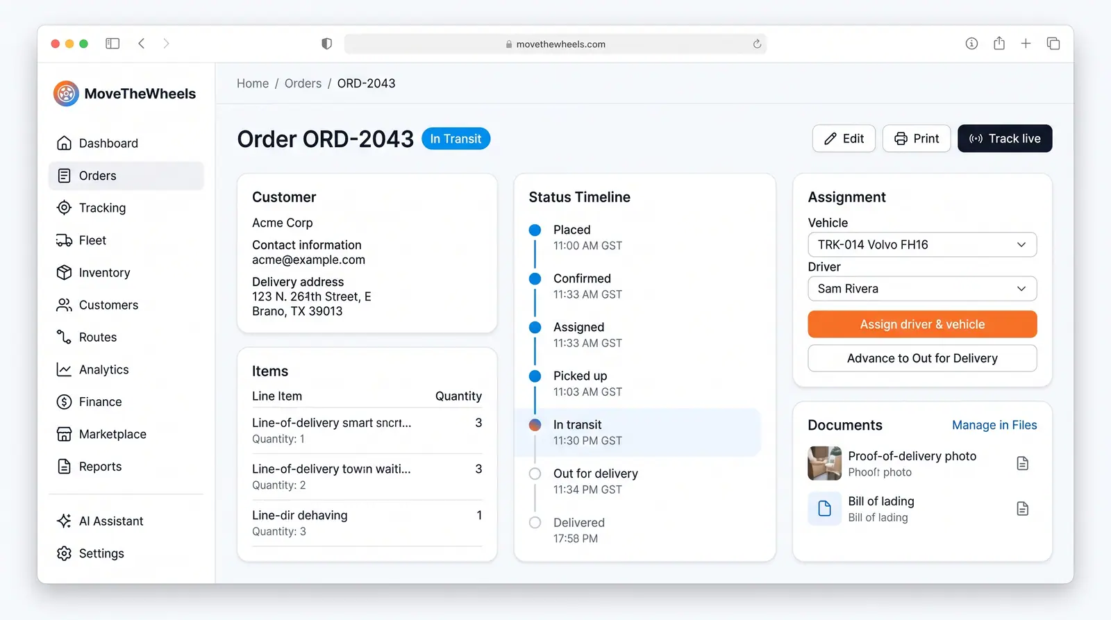 Concept illustration of an order detail view with customer and items, a status timeline, driver and vehicle assignment and attached documents