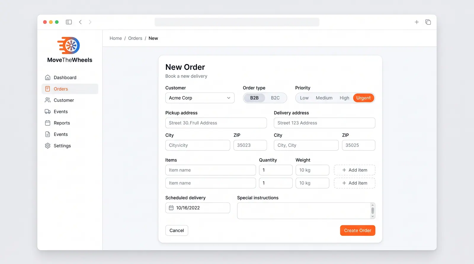 Concept illustration of a new order form with customer, order type, priority, pickup and delivery addresses, weighted items and a delivery date