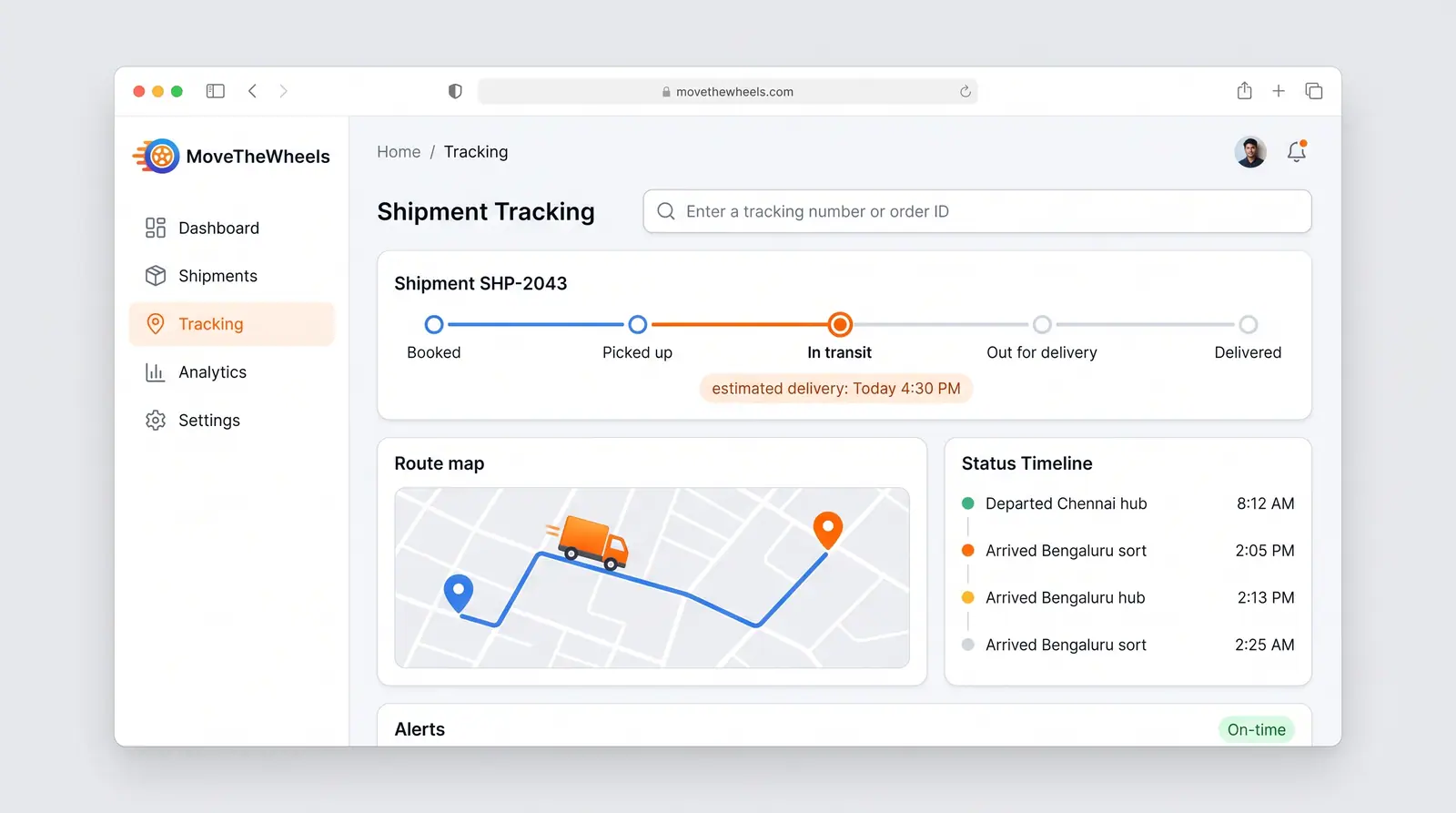 Concept illustration of a shipment tracking page with a five-stage progress tracker, estimated delivery time, route map and status timeline