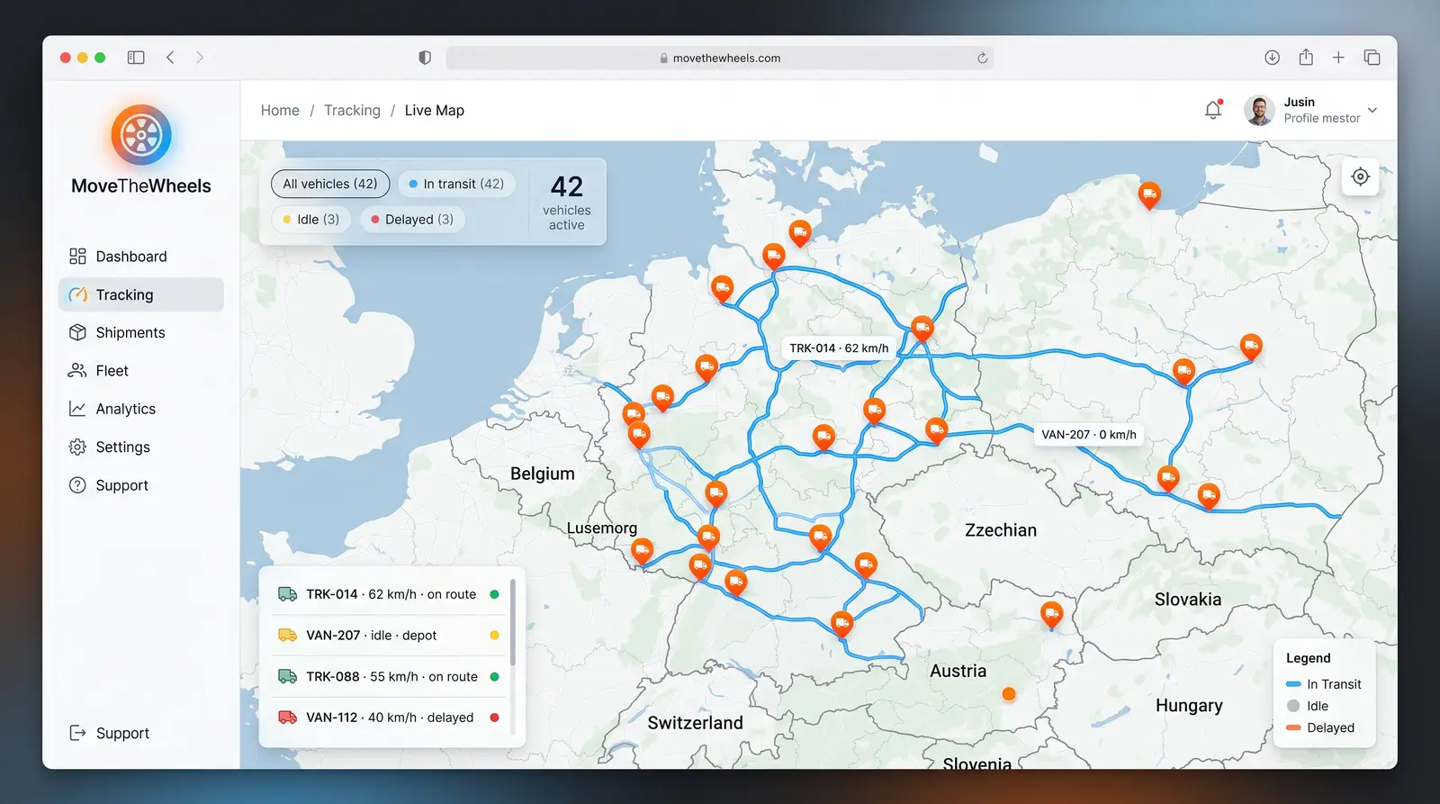 Concept illustration of a live map of vehicles and routes with status filters, speed labels, a vehicle list and a legend