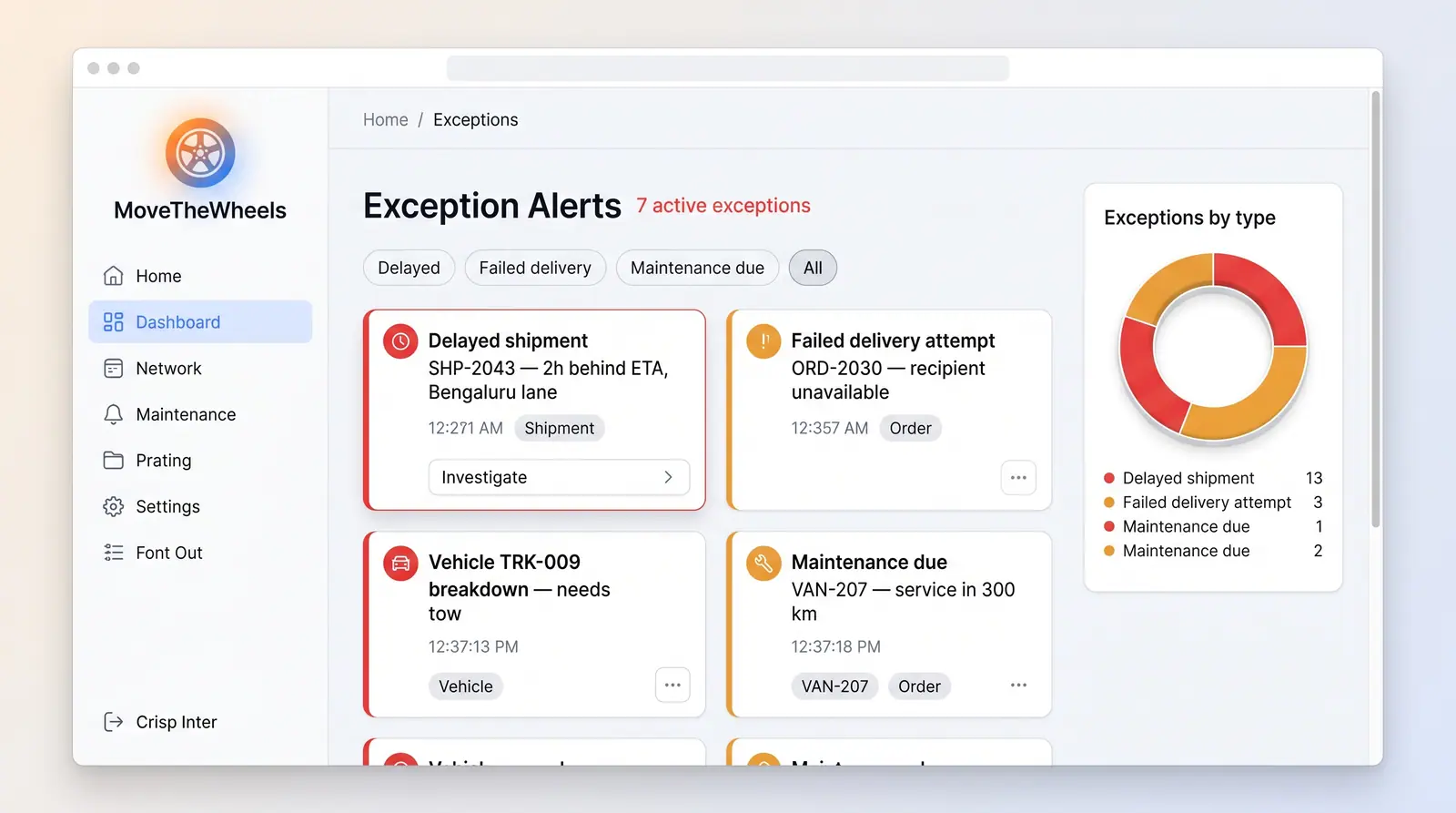 Concept illustration of an exception alerts board with filter chips, severity-colored cards for delays, failures and maintenance, and a donut chart