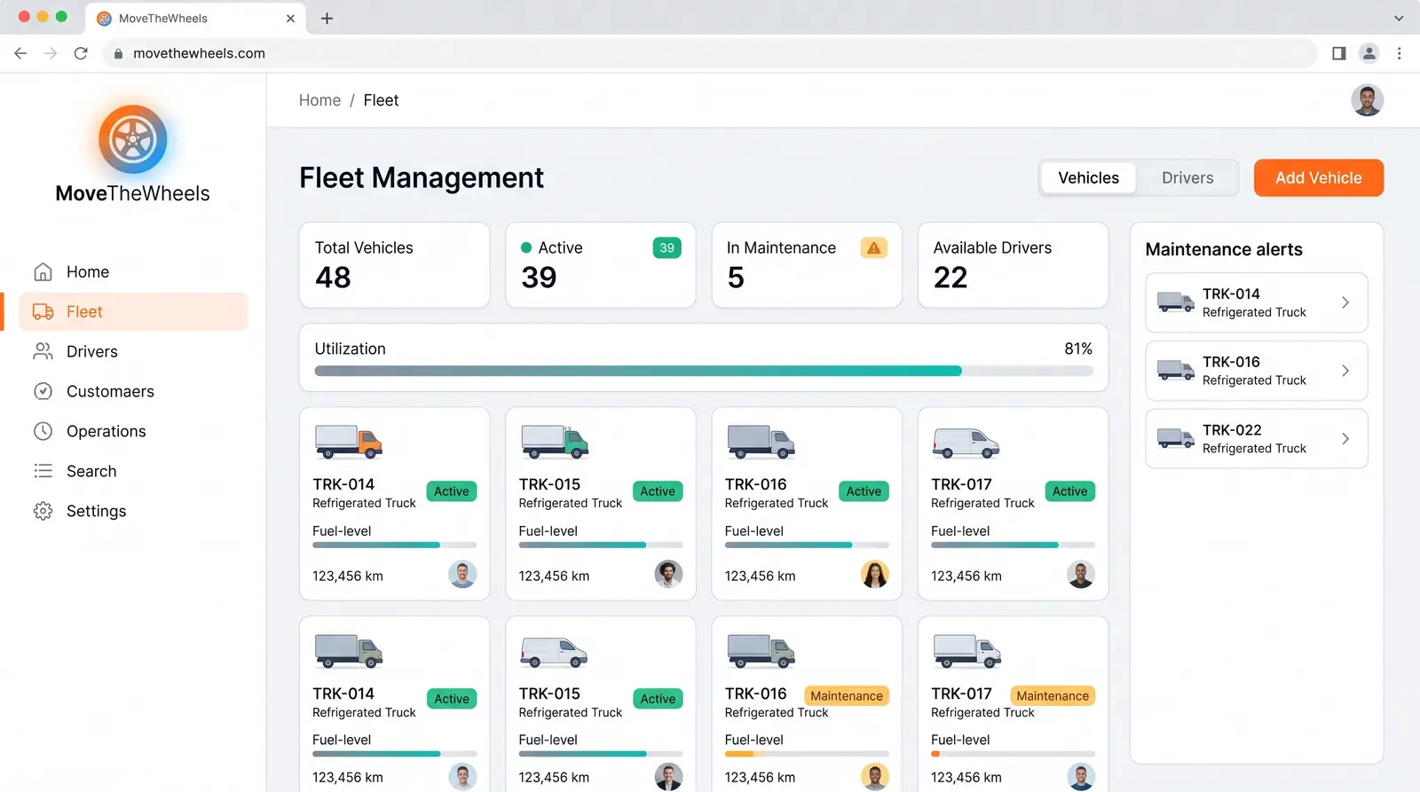 Concept illustration of a fleet overview with vehicle count tiles, a utilization bar, vehicle cards and a maintenance alerts panel