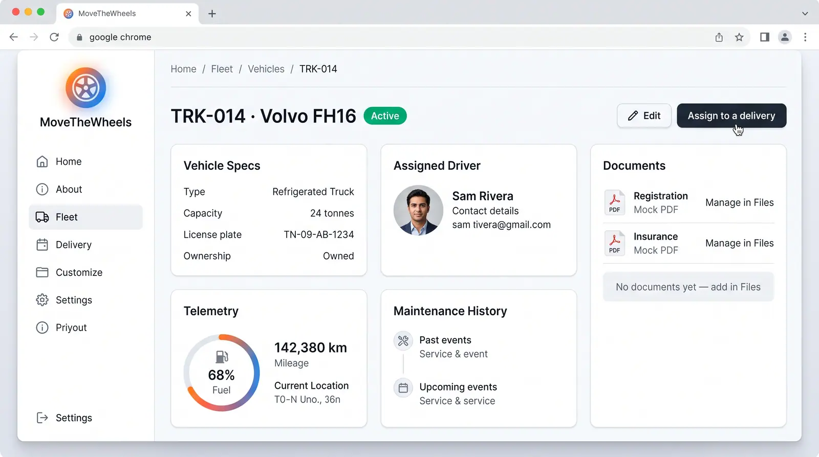 Concept illustration of a vehicle record with specifications, assigned driver, documents, a fuel gauge and maintenance history