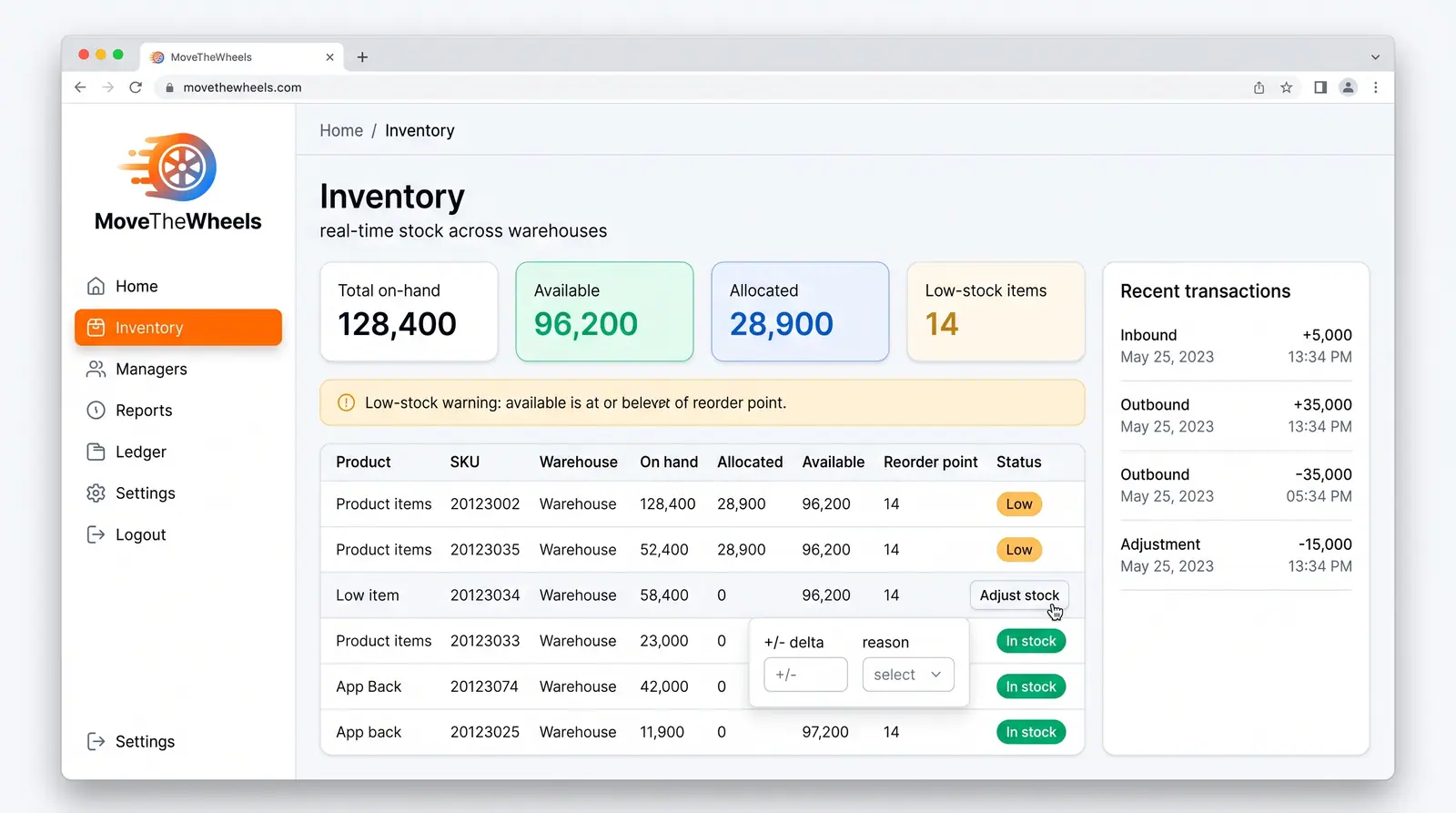 Concept illustration of an inventory page with stock tiles, a low-stock warning, a stock table with an adjust form and a transactions list