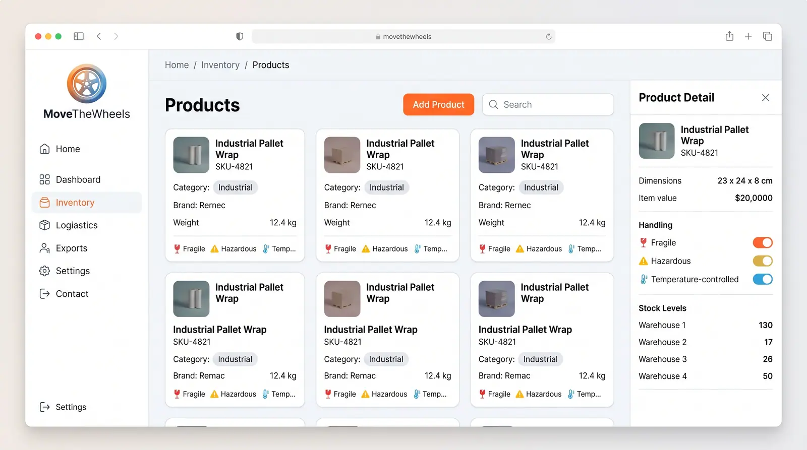 Concept illustration of a product catalog grid with handling flags and an open product detail drawer with toggles and stock levels