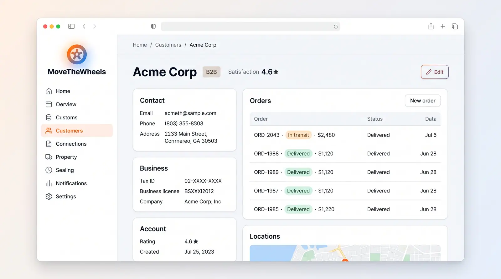 Concept illustration of a customer record with contact, business and account cards, an order history list with status badges and a locations map