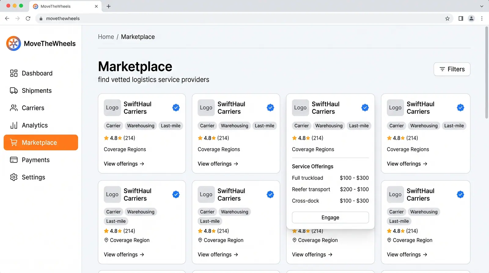 Concept illustration of a logistics marketplace grid of verified provider cards with service tags, ratings and an expanded offerings panel