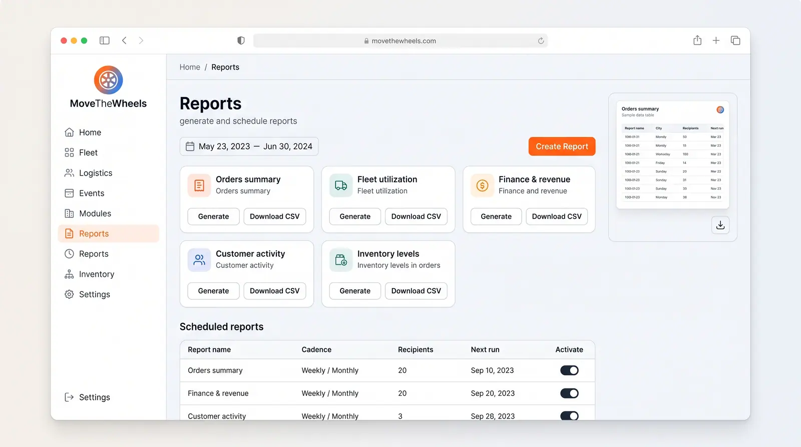 Concept illustration of a reports page with report template cards, Generate and Download CSV buttons, a preview and a scheduled reports table