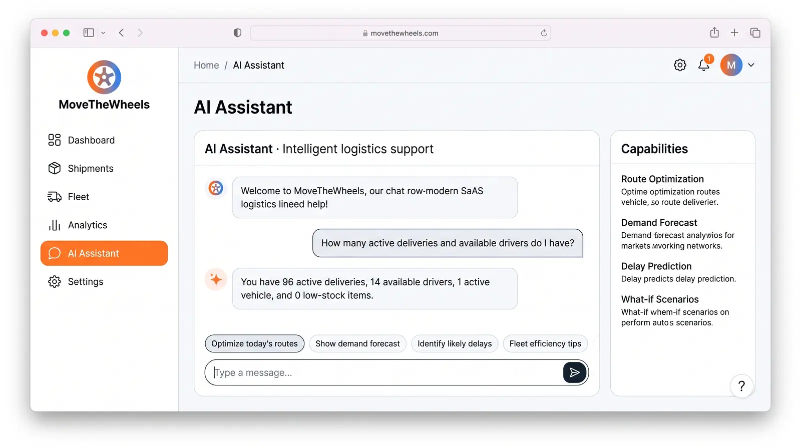 Concept illustration of an AI Assistant chat page answering a question about active deliveries, with suggestion chips and a Capabilities panel