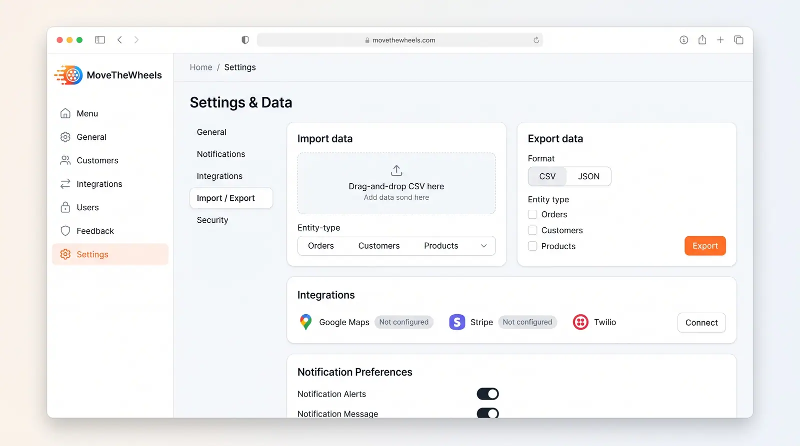 Concept illustration of a Settings and Data page with CSV import, CSV or JSON export, integrations and notification toggles