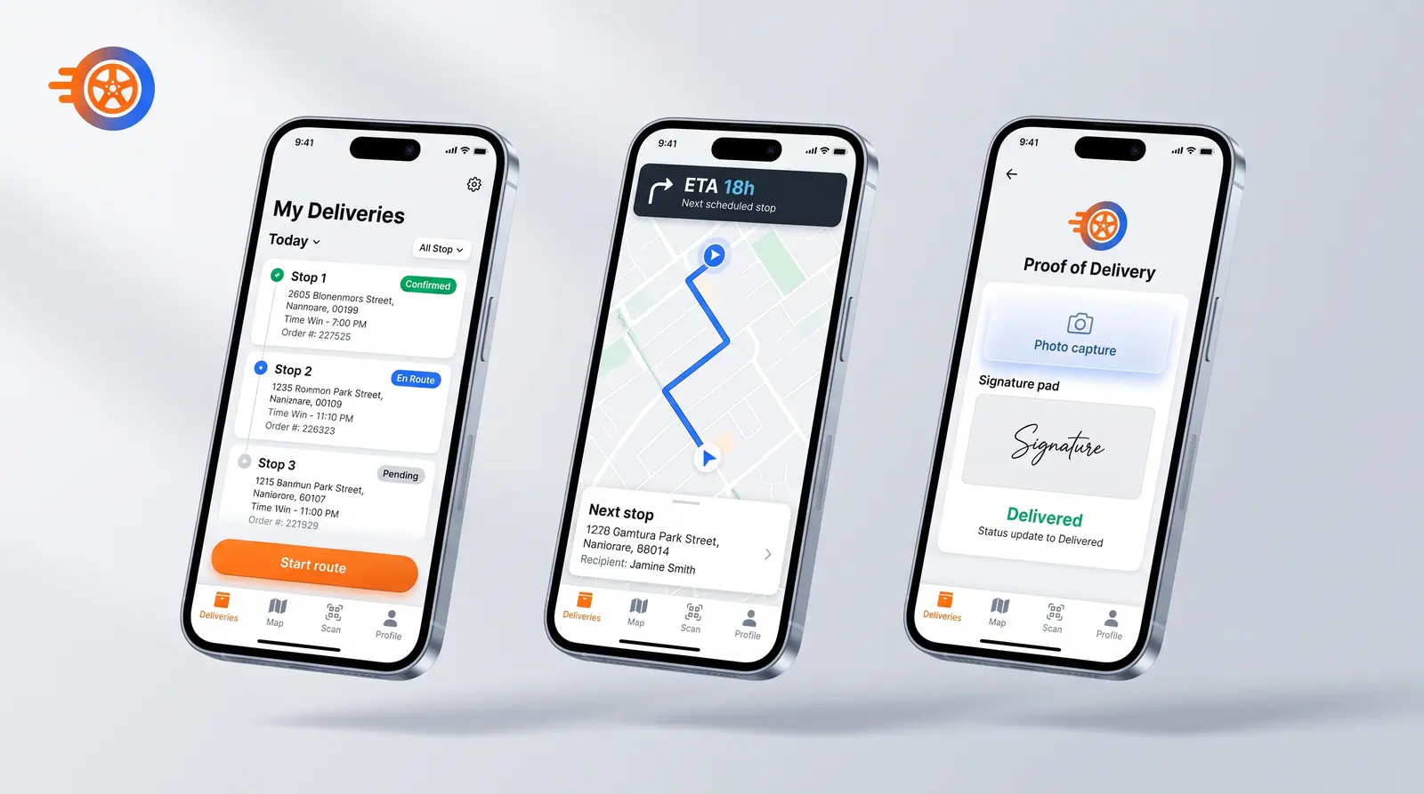 Concept illustration of three phone screens: a daily delivery stop list, navigation to the next stop, and photo and signature proof of delivery