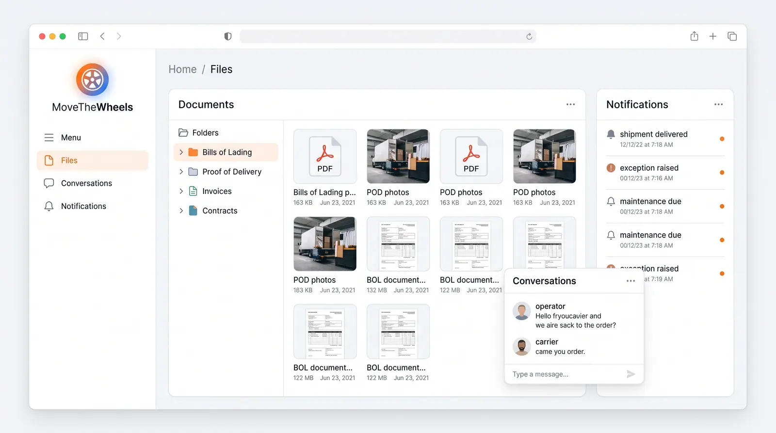Concept illustration of a freight document library with folders and file tiles, a notifications feed and a carrier conversation window