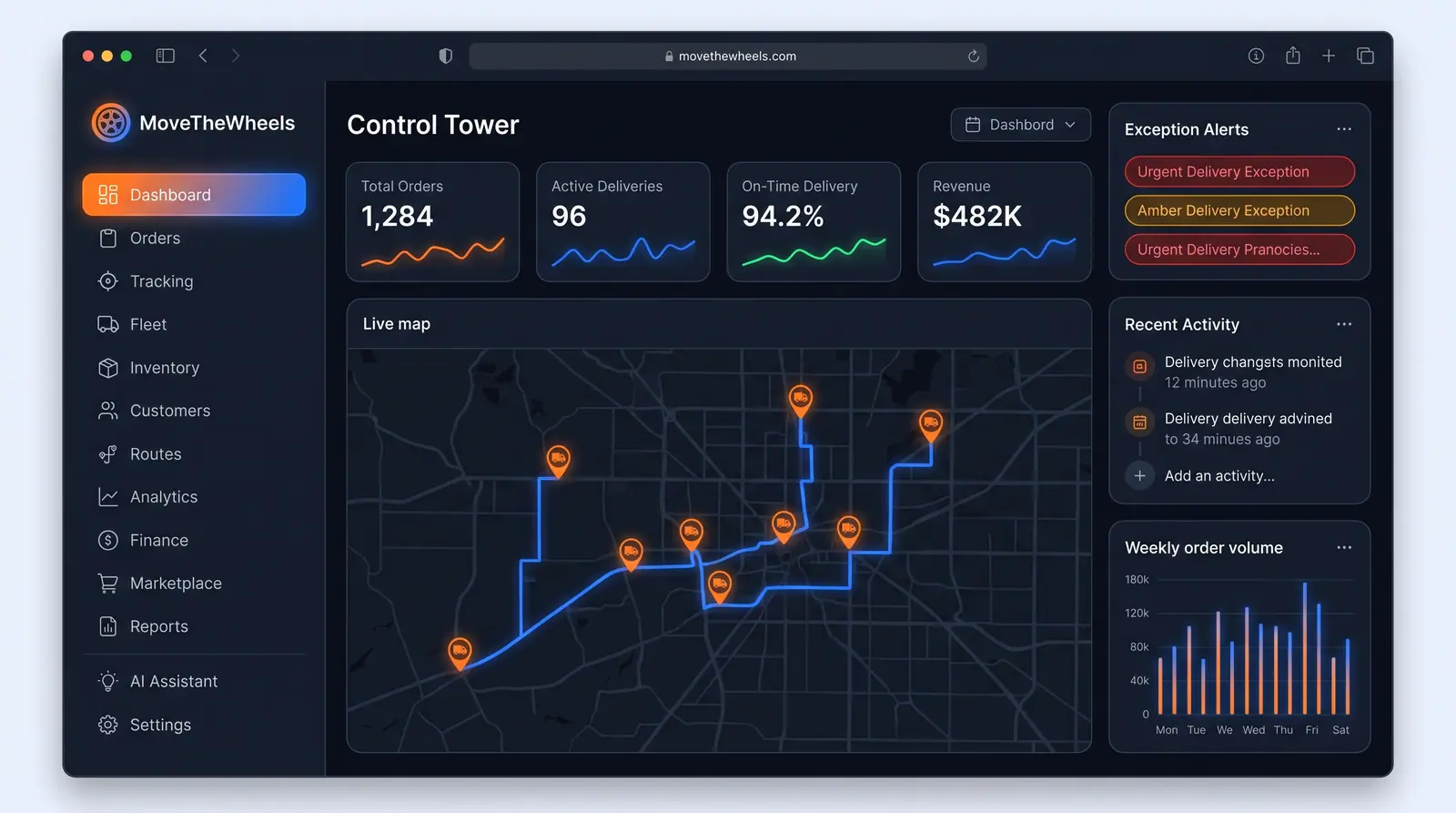 Concept illustration of the control tower in a dark theme with glowing KPI sparklines, a street-grid route map and color-coded exception pills