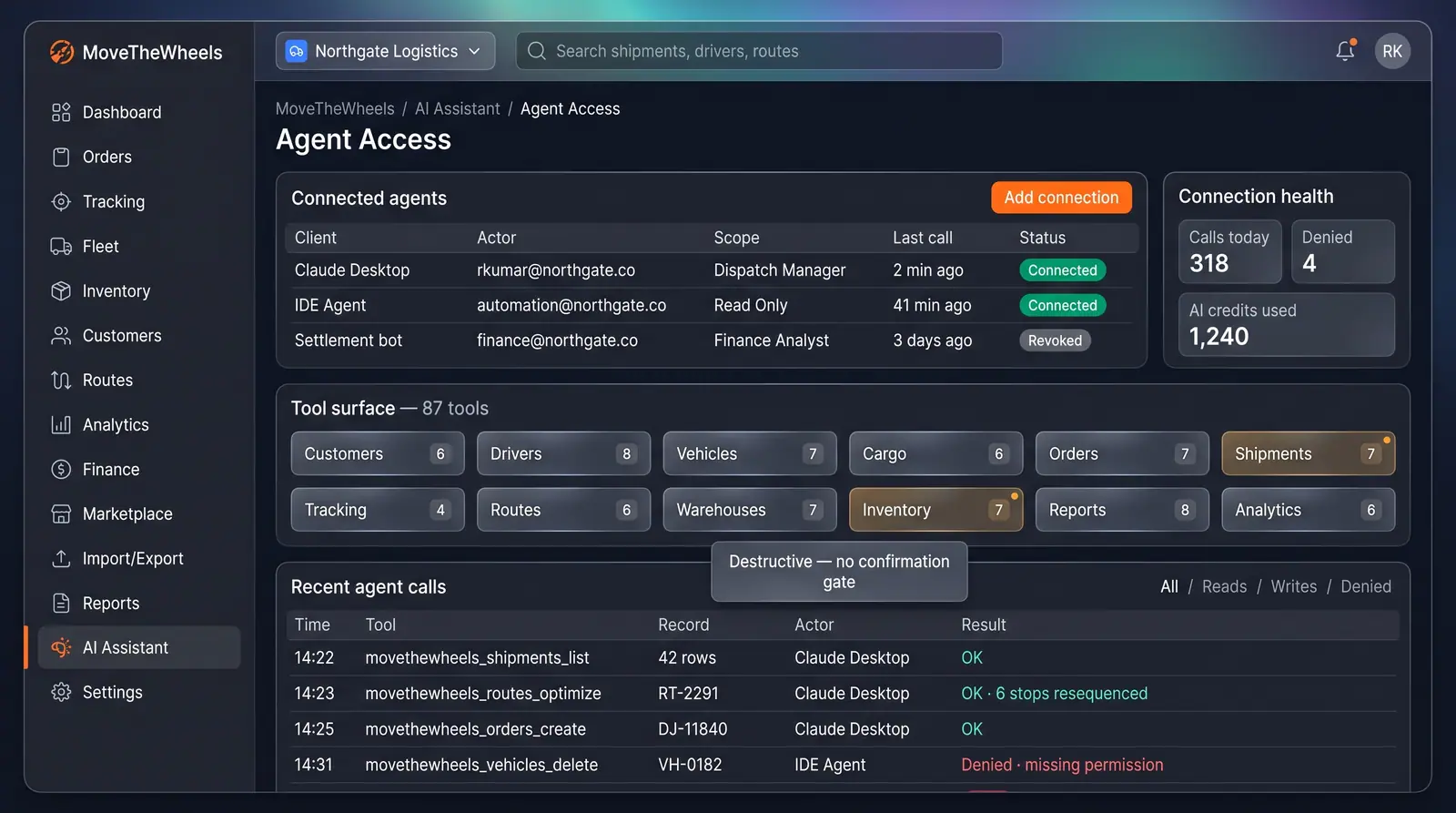 Concept illustration of an Agent Access page listing connected AI agents, a grouped tool surface and a log of recent agent calls