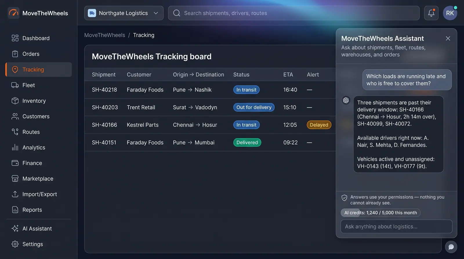 Concept illustration of an assistant side panel beside a tracking board, listing late shipments, free drivers and unassigned vehicles