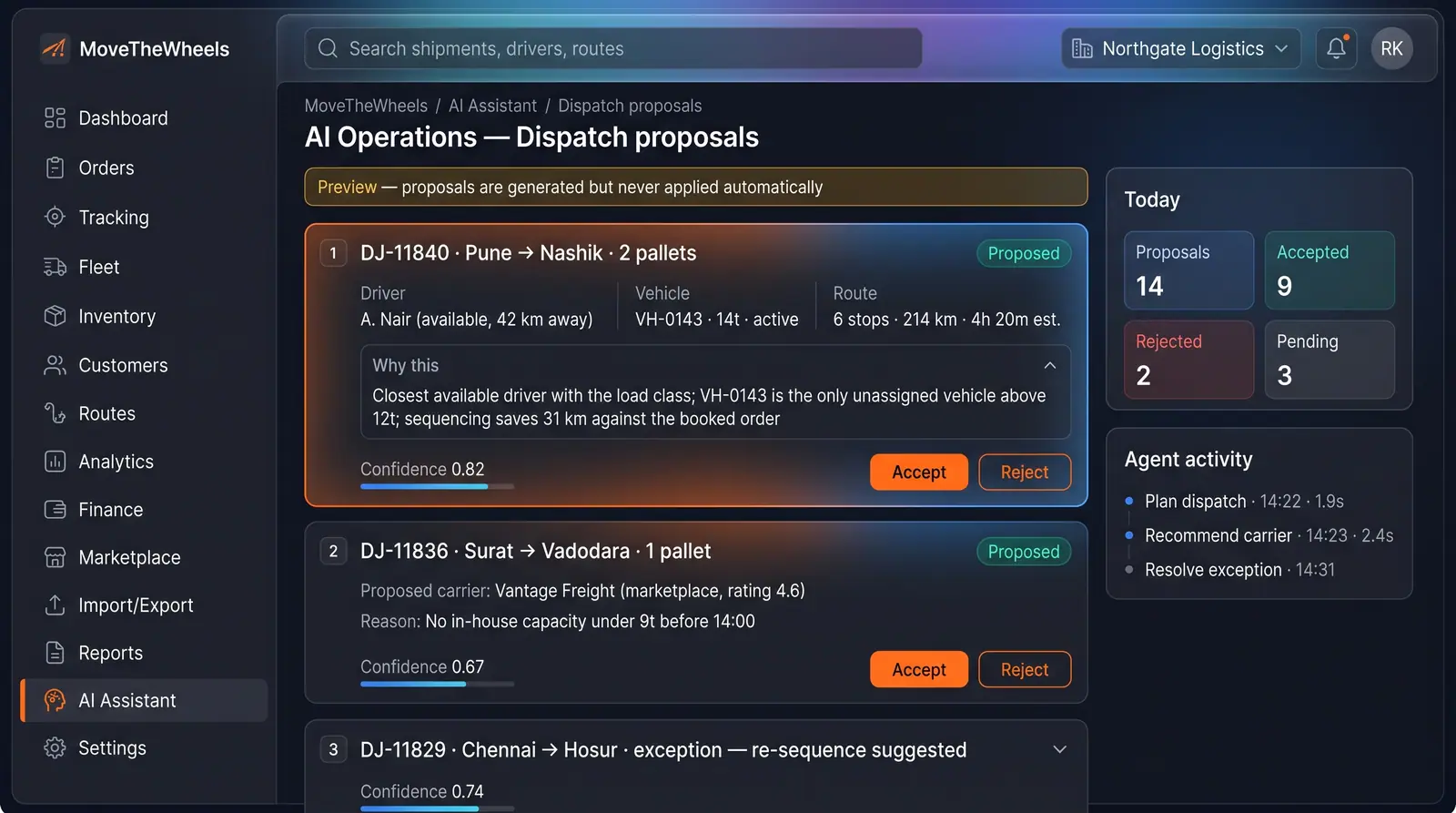 Concept illustration of dispatch proposal cards with driver, vehicle and route suggestions, rationale, confidence scores and Accept or Reject buttons