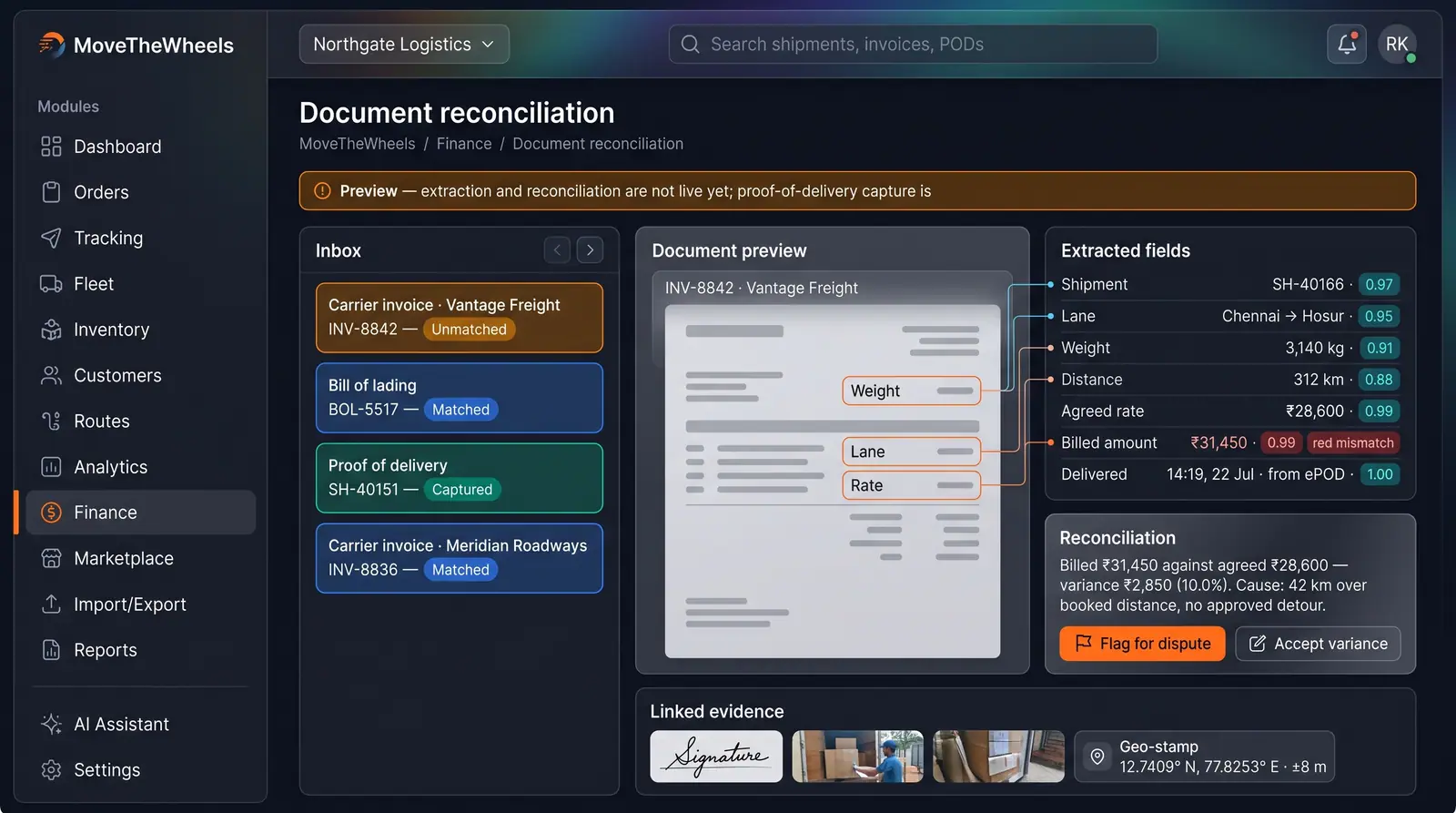 Concept illustration of a document reconciliation screen matching a carrier invoice to extracted fields, a variance summary and delivery evidence