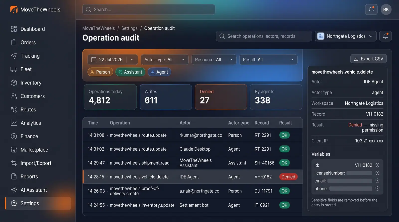 Concept illustration of an Operation audit ledger with actor-type filters, daily totals and a detail panel with redacted fields