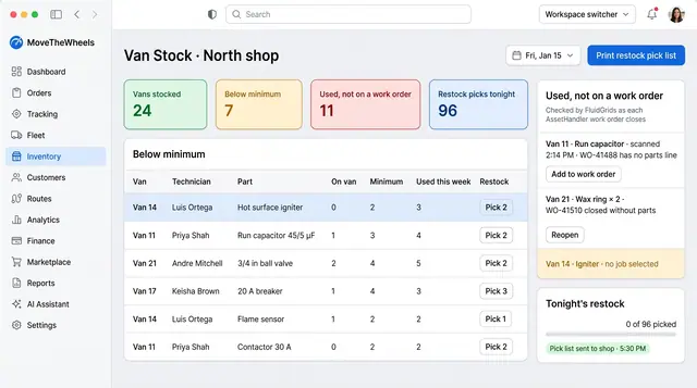 Concept illustration of a van stock board with stock tiles, a below-minimum parts table, parts missing from work orders and a restock card