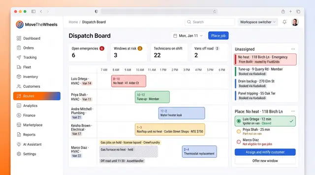 Concept illustration of a dispatch board with technician lanes, jobs in arrival windows, an unassigned queue and a placement panel
