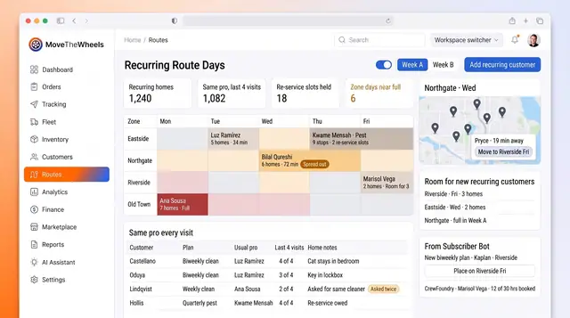 Concept illustration of a recurring route days planner with a zones-by-weekday grid, a zone map, capacity cards and a same-pro table