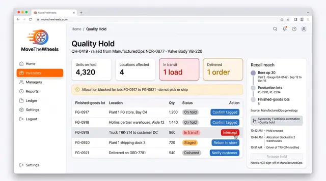 Concept illustration of a quality hold board with hold tiles, a blocked allocation banner, a finished-goods lot table and a recall reach panel