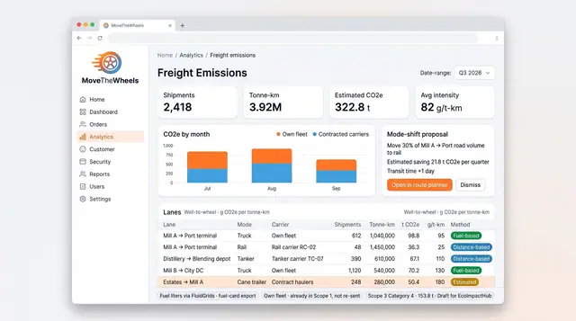 Concept illustration of a freight emissions page with CO2e tiles, a monthly stacked bar chart, a mode-shift proposal and a lanes table